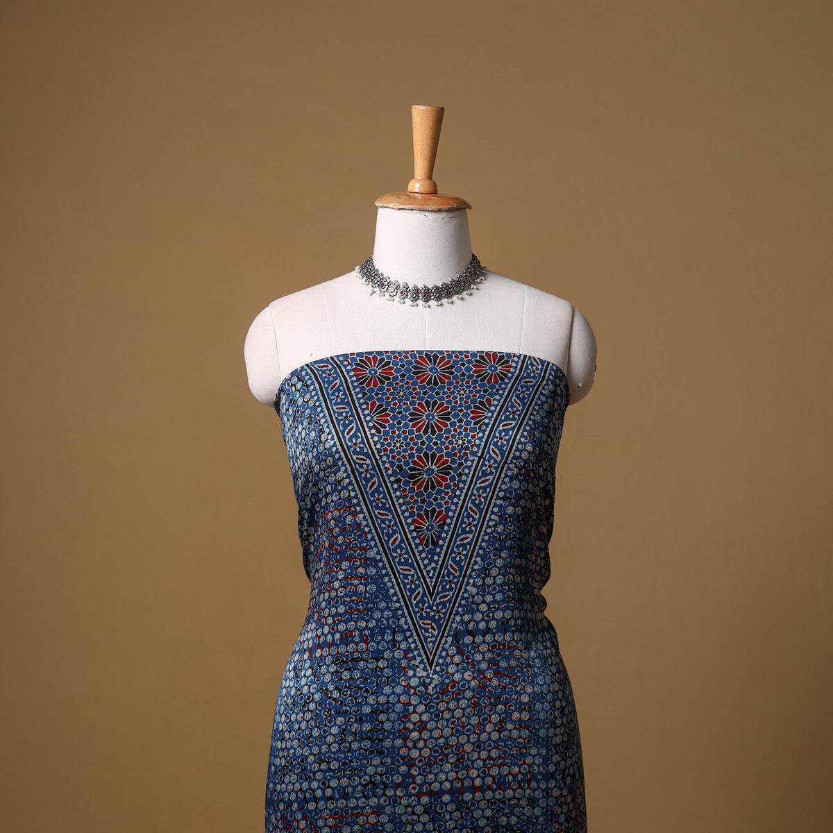 Ajrakh Hand Block Print Natural Dyed Modal Silk Unstitched Dress Material: Kurta with Dupatta 23