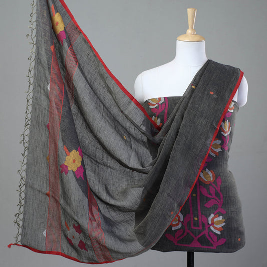 Grey - 2pc Phulia Jamdani Weave Handloom Linen Suit Material Set