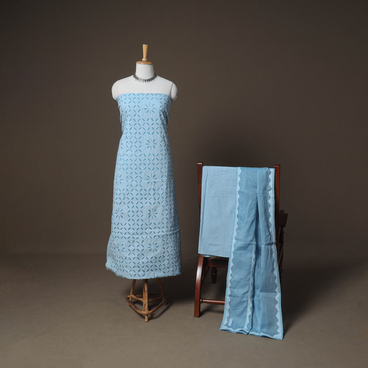 Blue - Barmer Applique Cutwork Cotton 3pc Unstitched Dress Material Suit Set 12