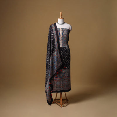 Ajrakh Hand Block Print Natural Dyed Modal Silk Unstitched Dress Material: Kurta with Dupatta 24