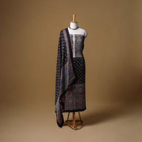 Ajrakh Hand Block Print Natural Dyed Modal Silk Unstitched Dress Material: Kurta with Dupatta 24