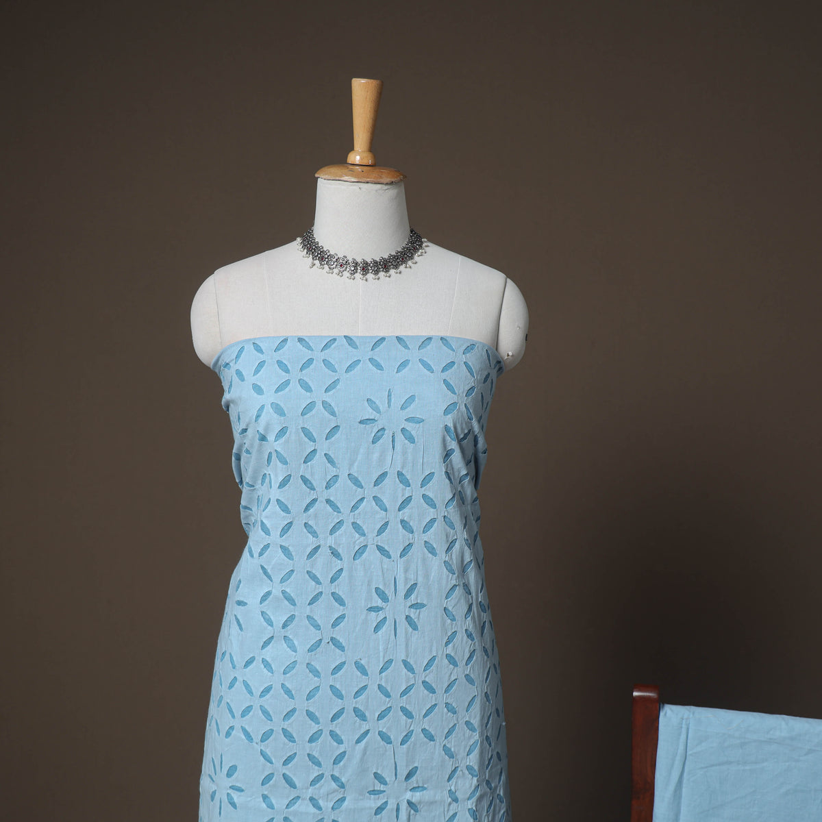 Blue - Barmer Applique Cutwork Cotton 3pc Unstitched Dress Material Suit Set 12