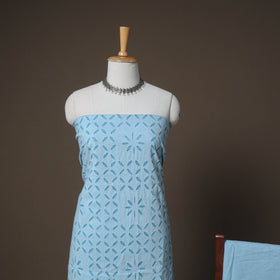 Blue - Barmer Applique Cutwork Cotton 3pc Unstitched Dress Material Suit Set 12