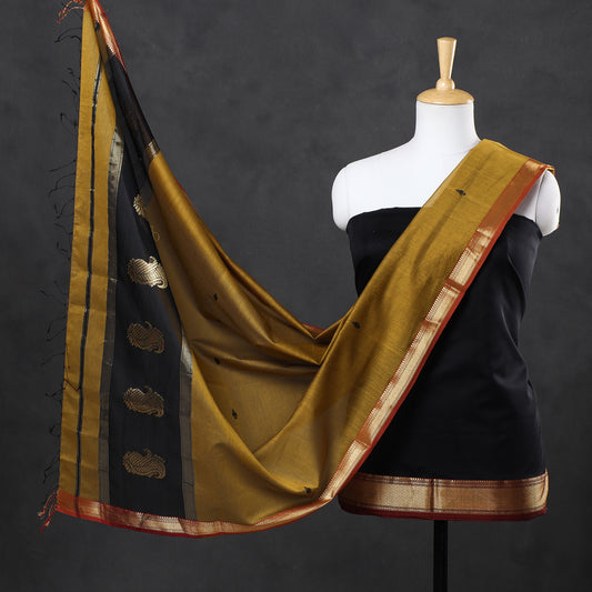 Black - 2pc Maheshwari Silk Handloom Suit Material Set with Zari Border