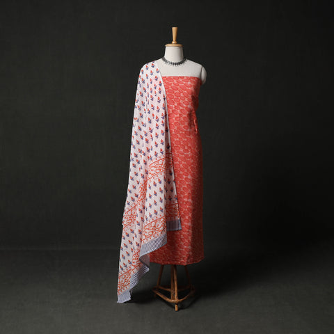Hand Block Batik Print Cotton 2pc Unstitched Dress Material Kurta Set with Earrings 04