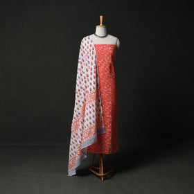 Hand Block Batik Print Cotton 2pc Unstitched Dress Material Kurta Set with Earrings 04