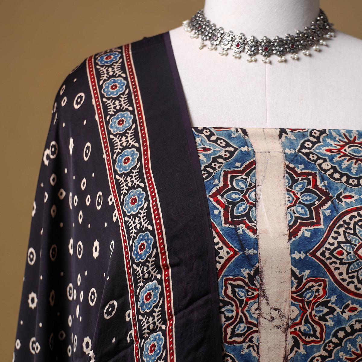 Ajrakh Hand Block Print Natural Dyed Modal Silk Unstitched Dress Material: Kurta with Dupatta 24