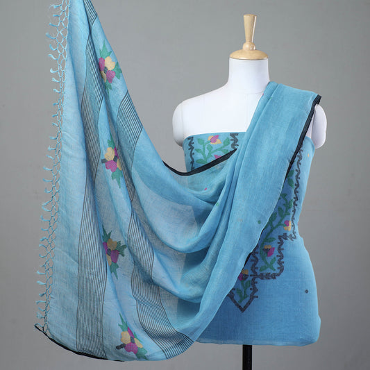 Blue - 2pc Phulia Jamdani Weave Handloom Linen Suit Material Set