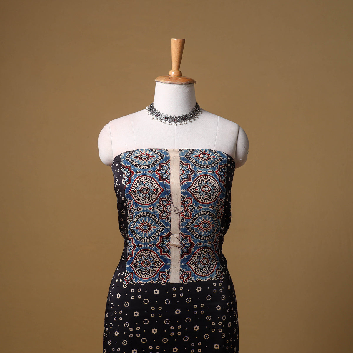 Ajrakh Hand Block Print Natural Dyed Modal Silk Unstitched Dress Material: Kurta with Dupatta 24
