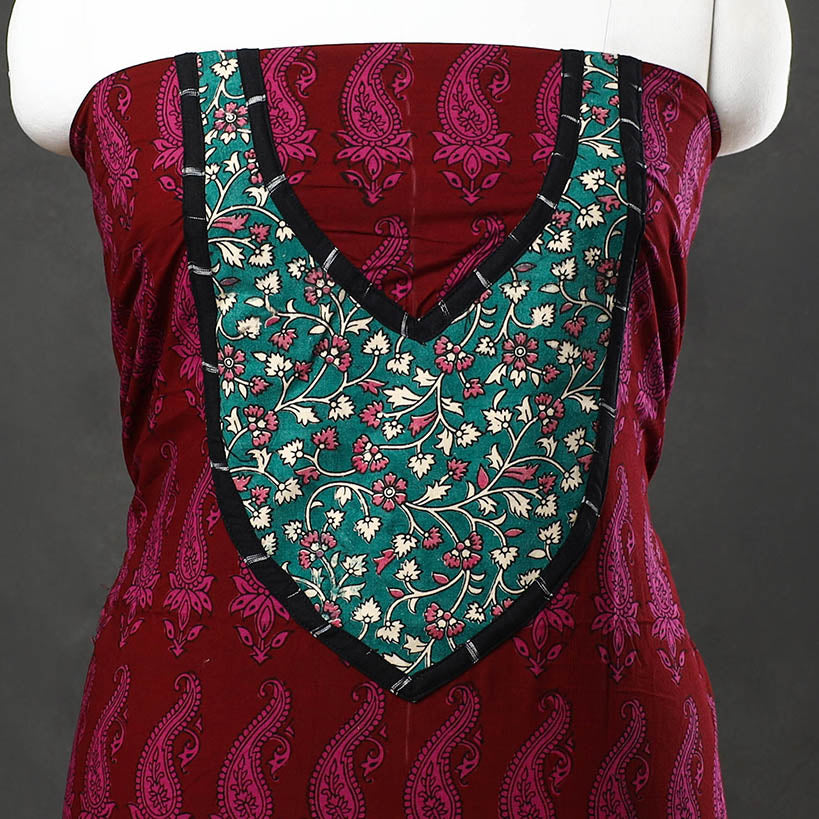 Maroon - Bagh Print Cotton Kurta Material with Patchwork (3m) 15