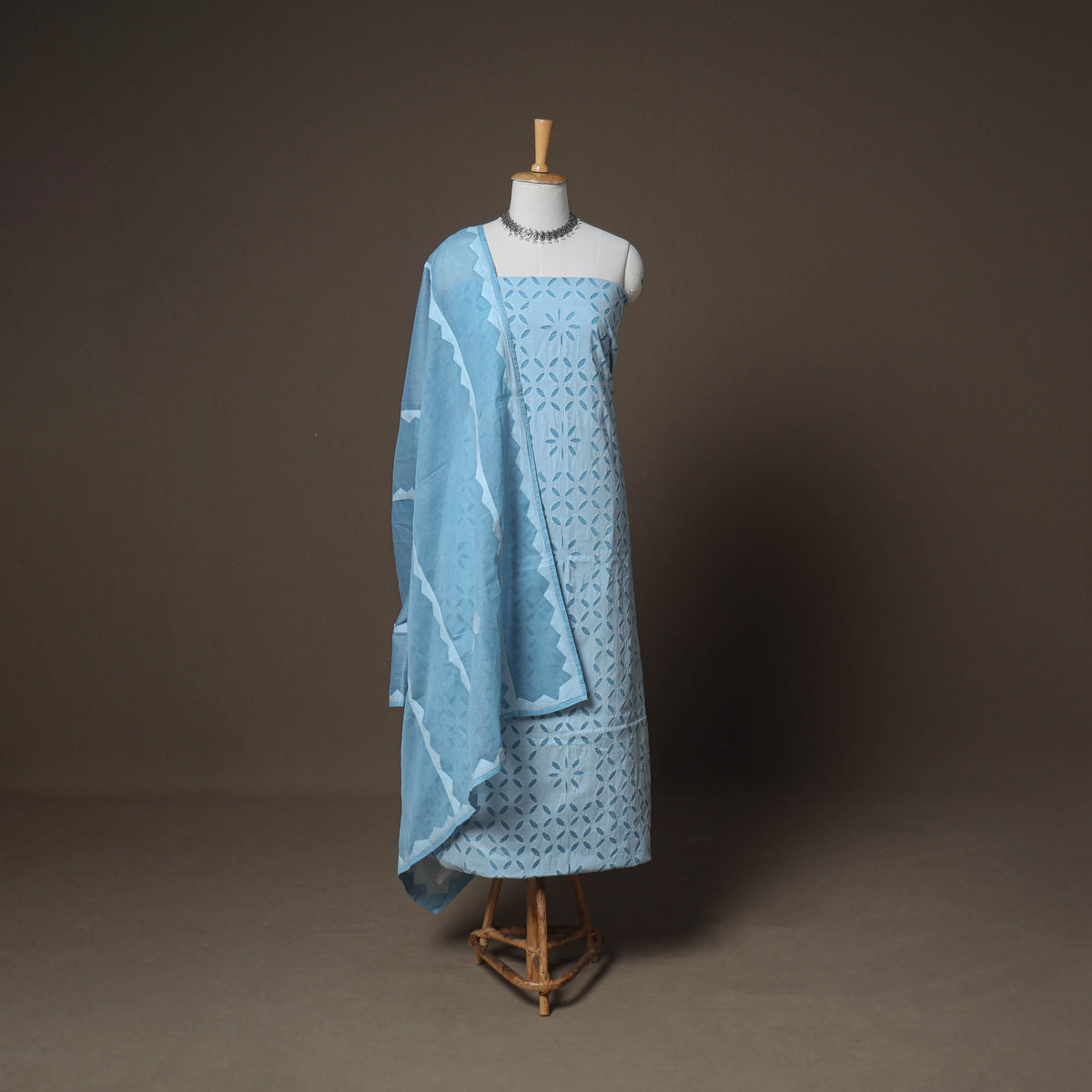 Blue - Barmer Applique Cutwork Cotton 3pc Unstitched Dress Material Suit Set 12