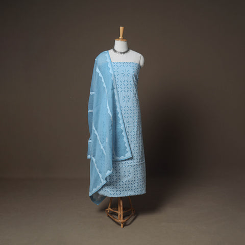 Blue - Barmer Applique Cutwork Cotton 3pc Unstitched Dress Material Suit Set 12