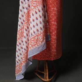 Hand Block Batik Print Cotton 2pc Unstitched Dress Material Kurta Set with Earrings 04