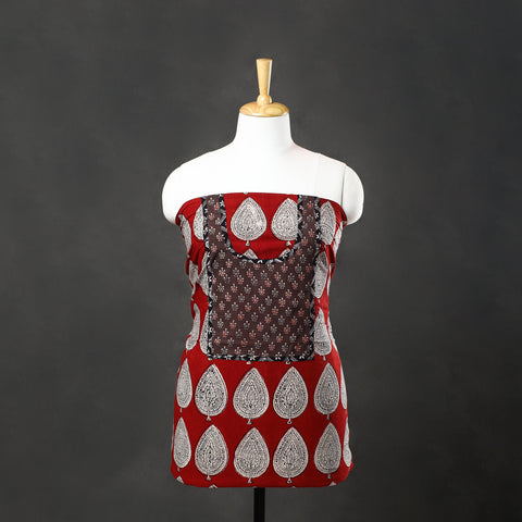 Red - bagh cotton unstitched kurta material with patchwork