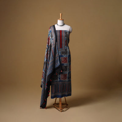 Ajrakh Hand Block Print Natural Dyed Modal Silk Unstitched Dress Material: Kurta with Dupatta 25
