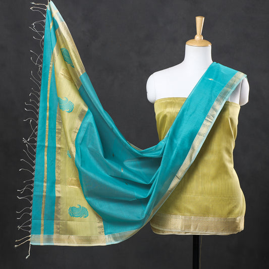 Green - 2pc Maheshwari Silk Handloom Suit Material Set with Zari Border
