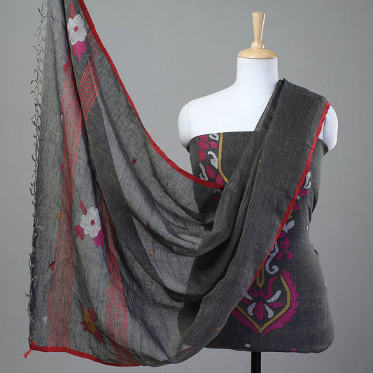Grey - 2pc Phulia Jamdani Weave Handloom Linen Suit Material Set