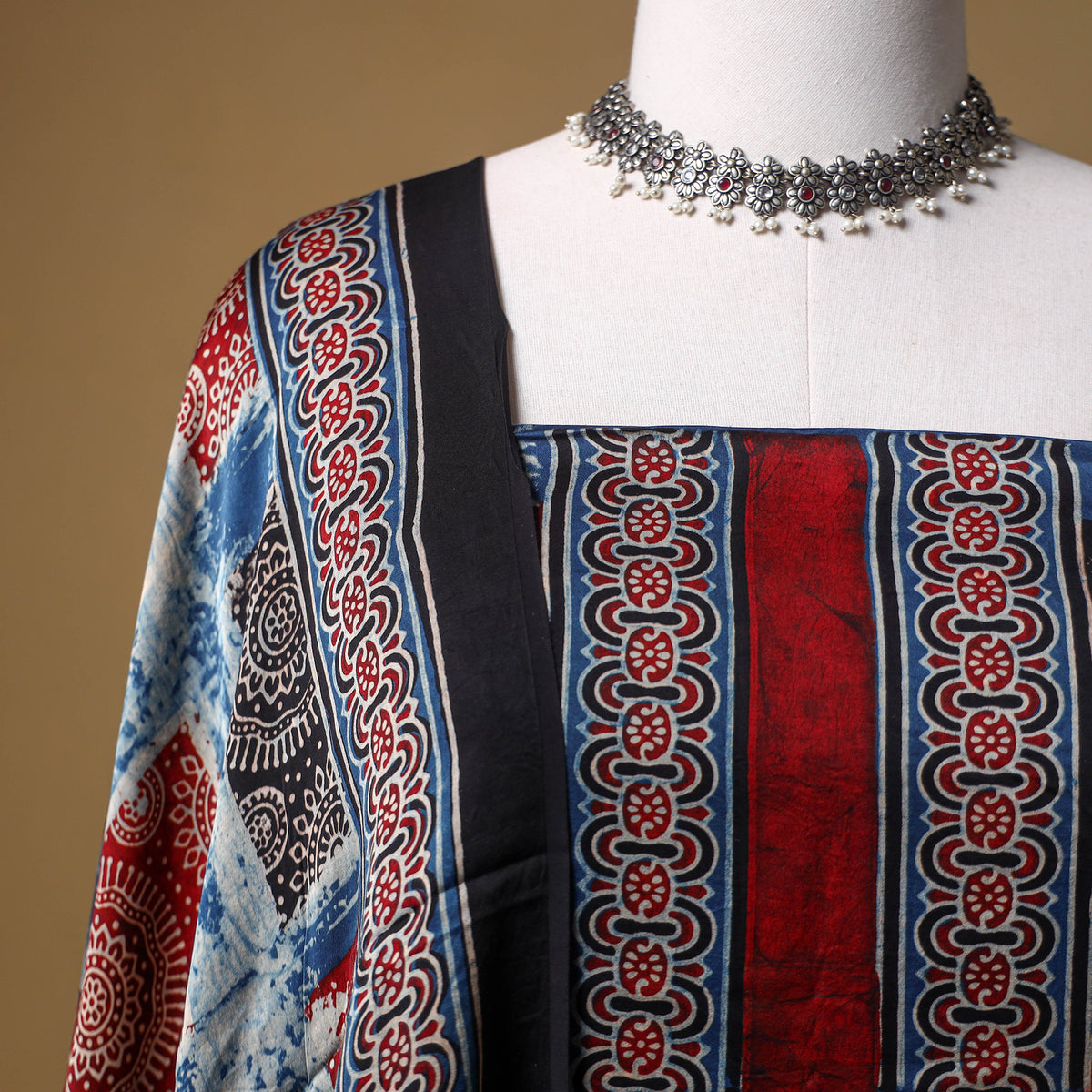 Ajrakh Hand Block Print Natural Dyed Modal Silk Unstitched Dress Material: Kurta with Dupatta 25