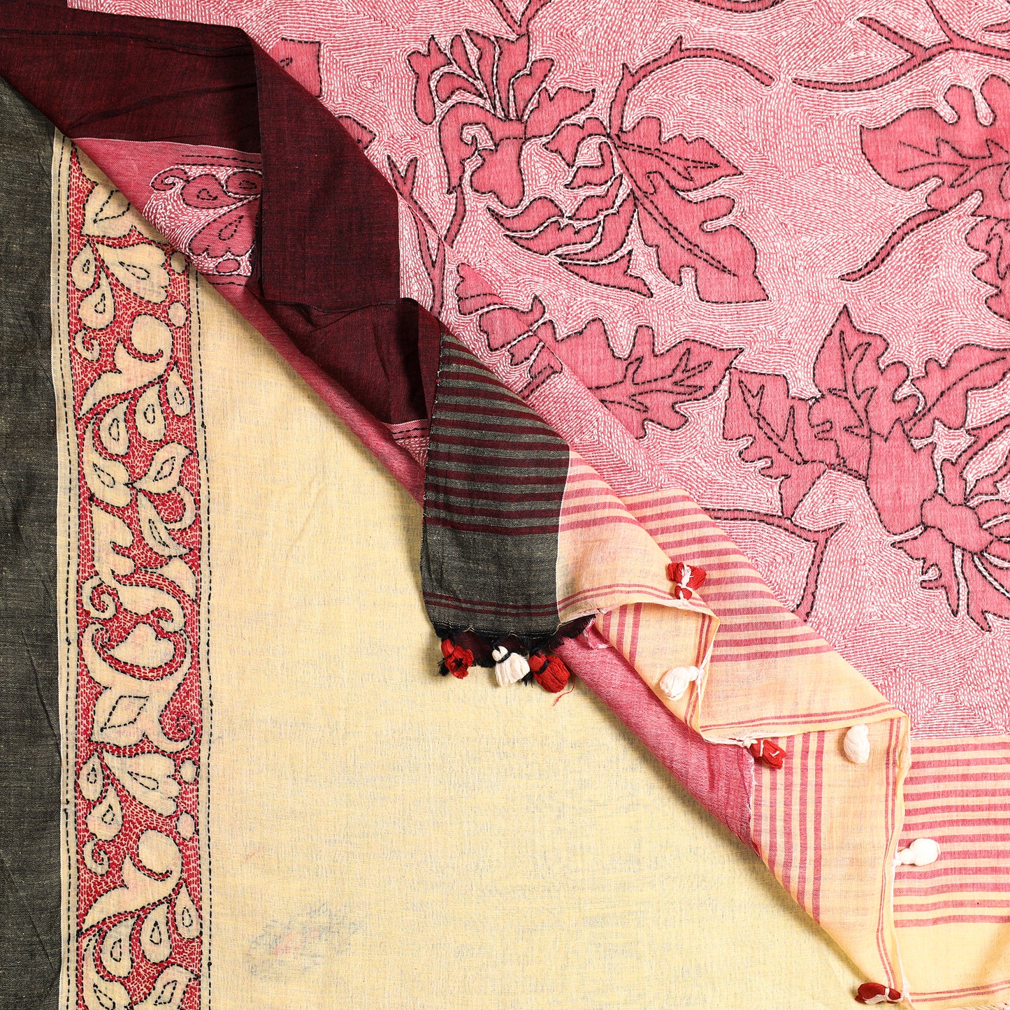 Yellow - Bengal Kantha Hand Embroidery Cotton Handloom Saree 06