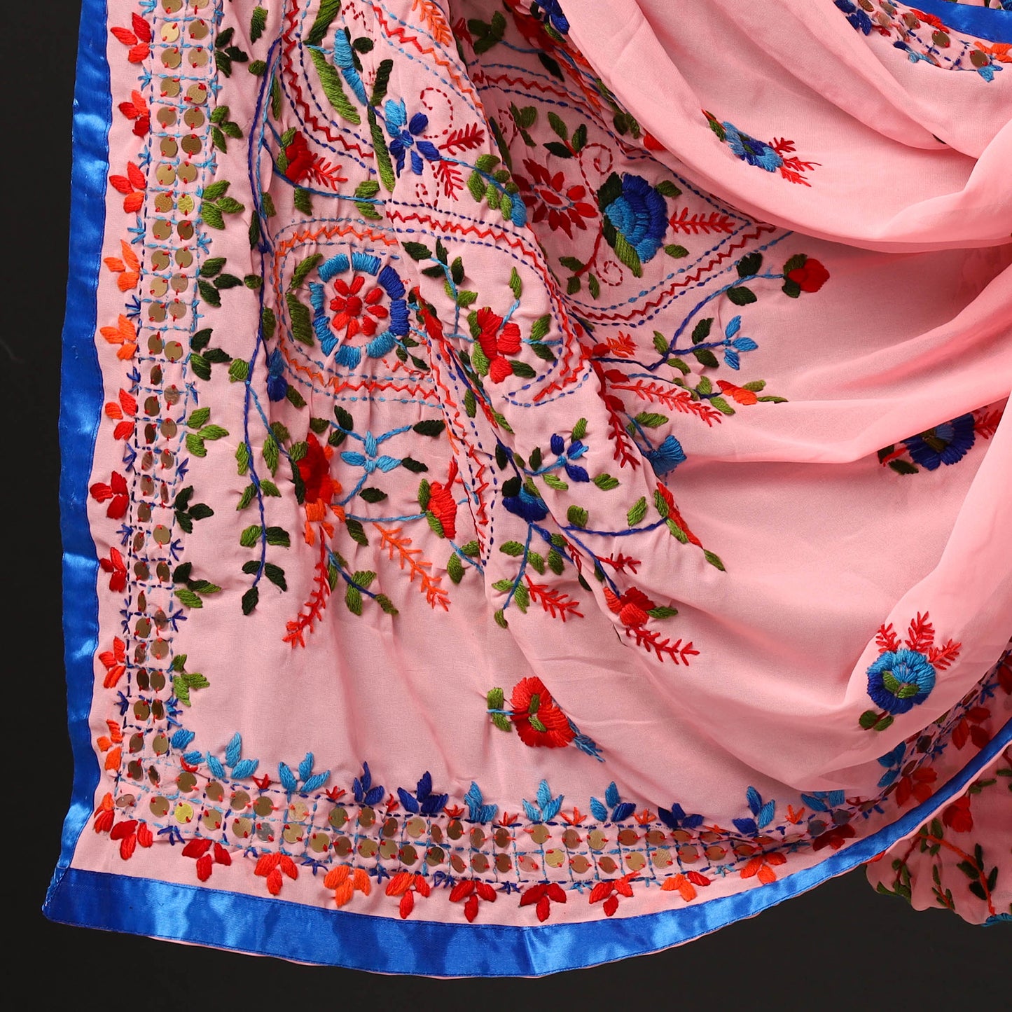 Pink - 3pc Phulkari Embroidery Chapa Work Georgette Suit Material Set 01