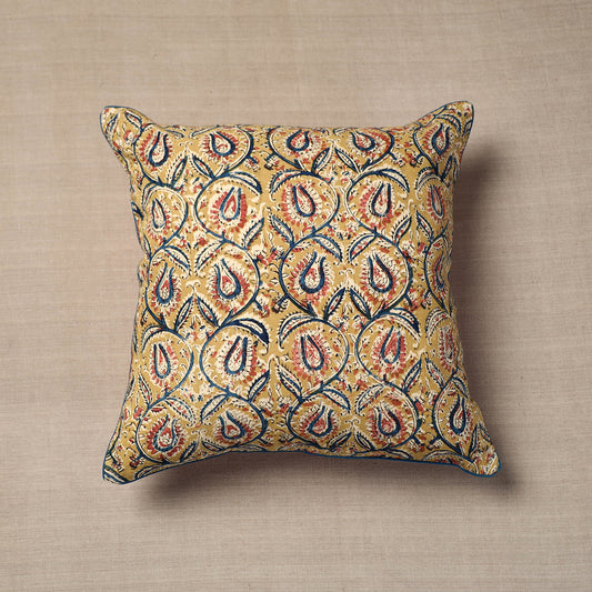 Yellow - Kalamkari Block Printed Cotton Cushion Cover (16 x 16 in)