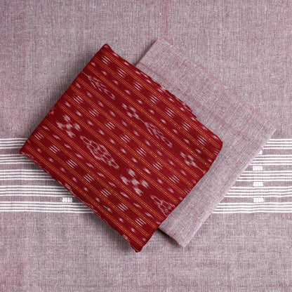 Red - 3pc Sambalpuri Ikat Weave Handloom Cotton Suit Material Set 04