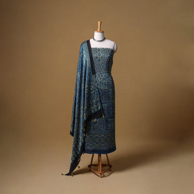 Ajrakh Hand Block Print Natural Dyed Modal Silk Unstitched Dress Material: Kurta with Dupatta 26
