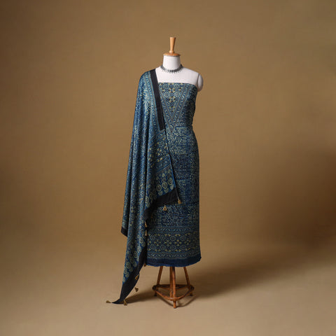 Ajrakh Hand Block Print Natural Dyed Modal Silk Unstitched Dress Material: Kurta with Dupatta 26