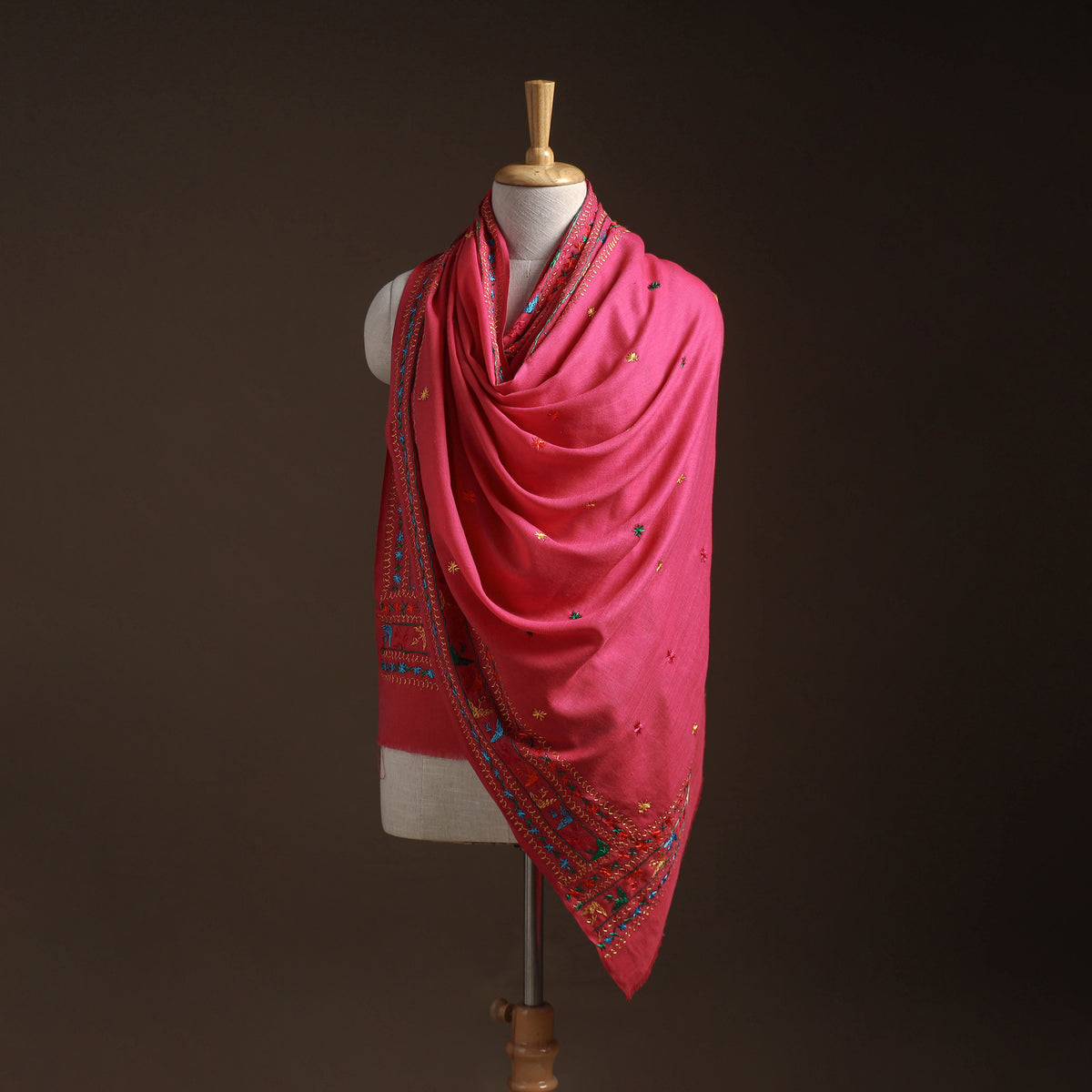 Pink - phulkari hand embroidered wool shawl 21 - handcrafted