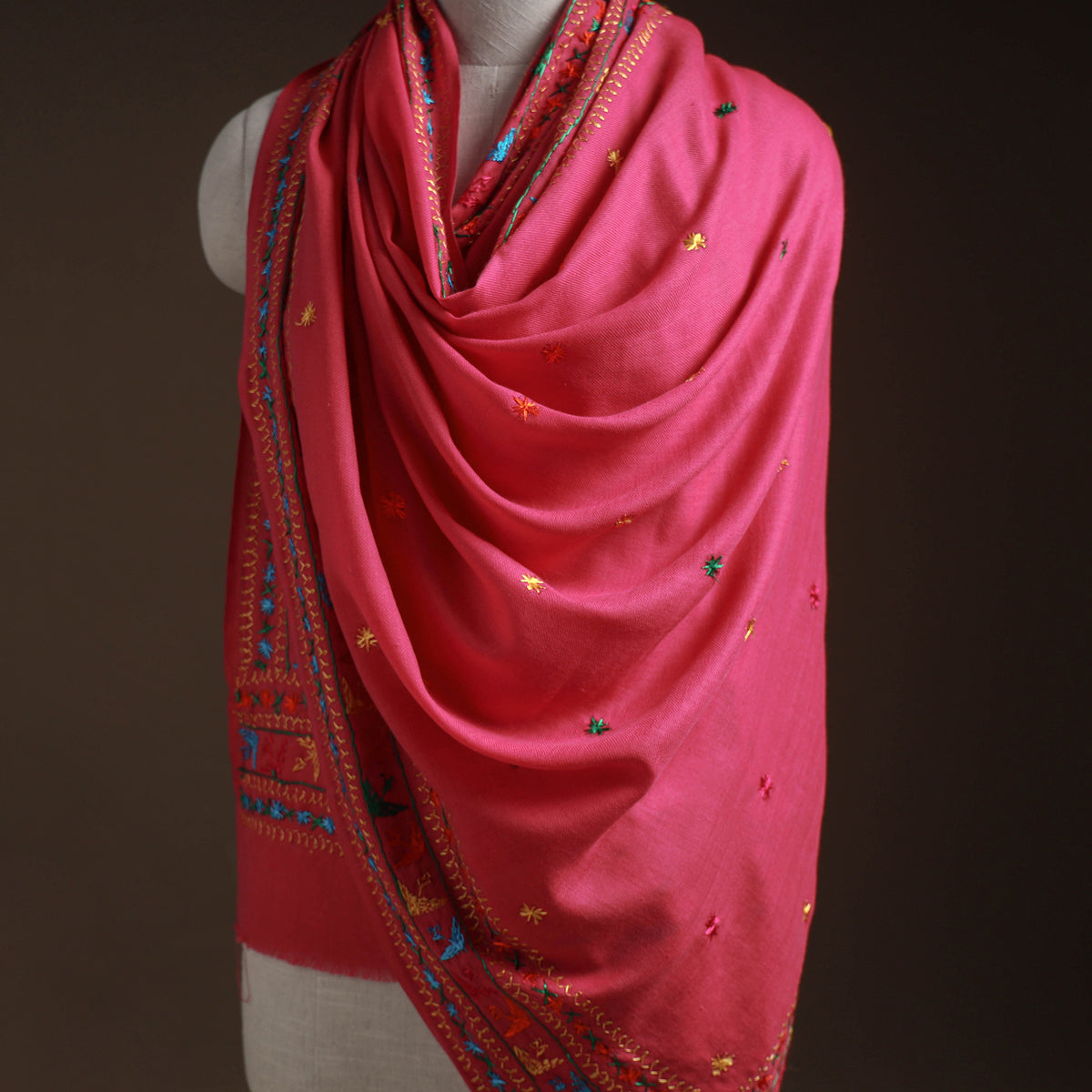Pink - phulkari hand embroidered wool shawl 21 - handcrafted