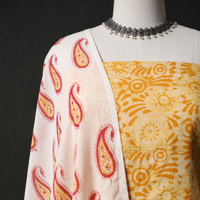 Hand Block Batik Print Cotton 2pc Unstitched Dress Material Kurta Set with Earrings 05