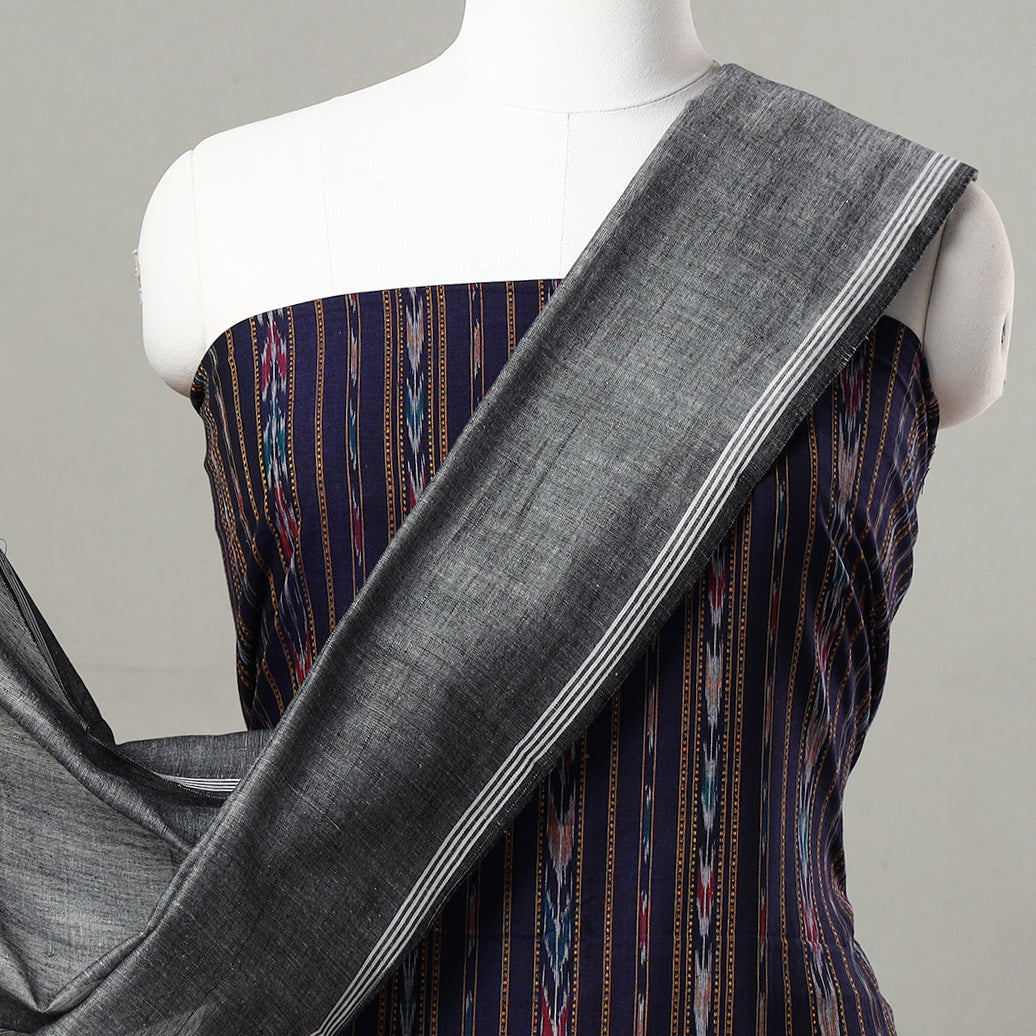 Blue - 3pc Sambalpuri Ikat Weave Handloom Cotton Suit Material Set 06