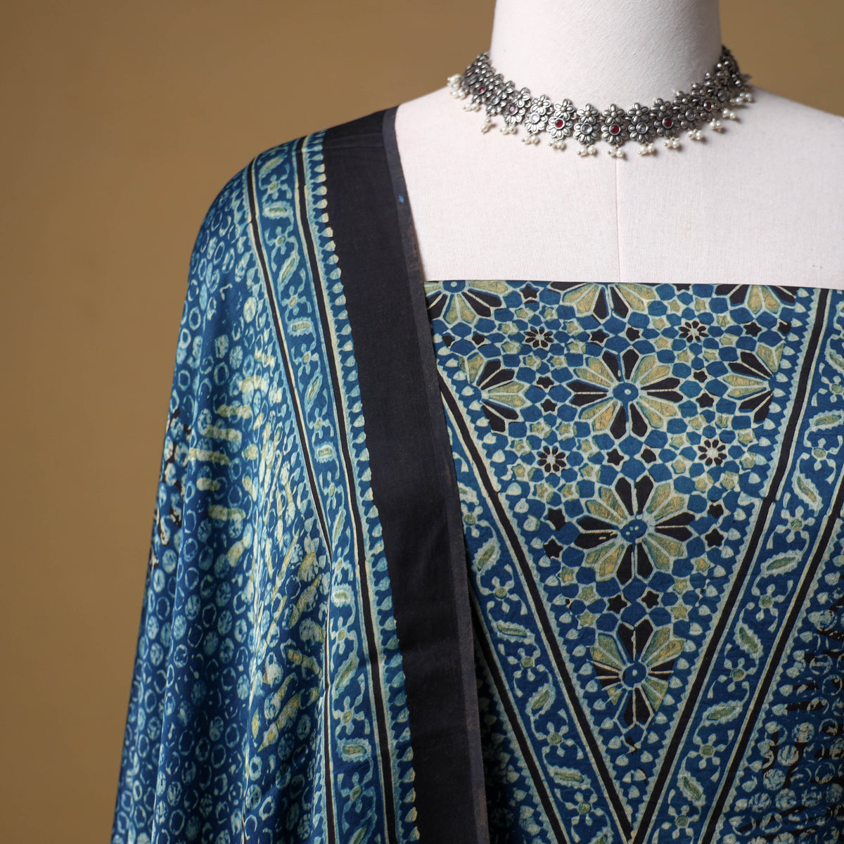 Ajrakh Hand Block Print Natural Dyed Modal Silk Unstitched Dress Material: Kurta with Dupatta 26