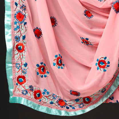 Pink - 3pc Phulkari Embroidery Chapa Work Georgette Suit Material Set 02