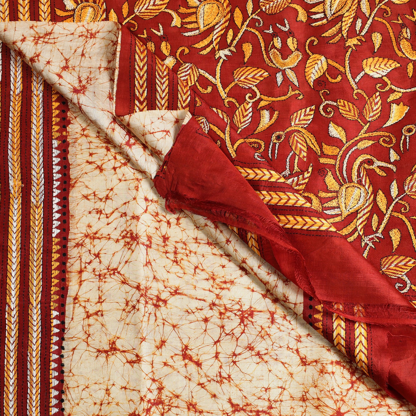 Red - Bengal Kantha Hand Embroidery Batik Printed Tussar Silk Handloom Saree 13