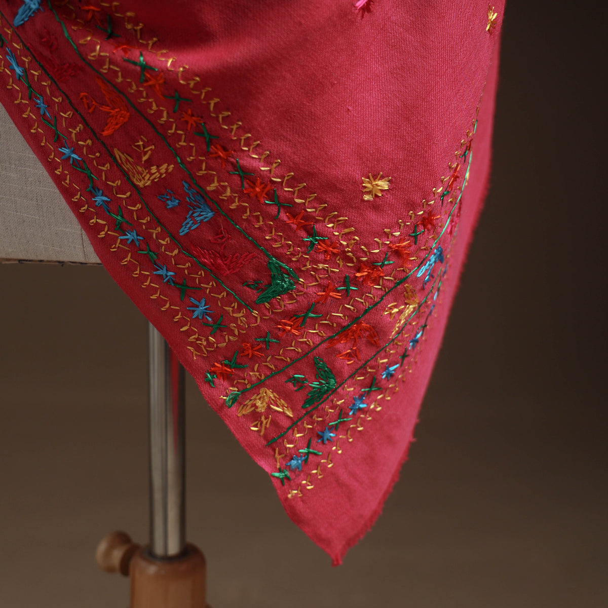 Pink - phulkari hand embroidered wool shawl 21 - handcrafted