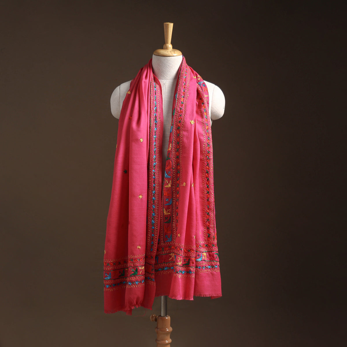 Pink - phulkari hand embroidered wool shawl 21 - handcrafted