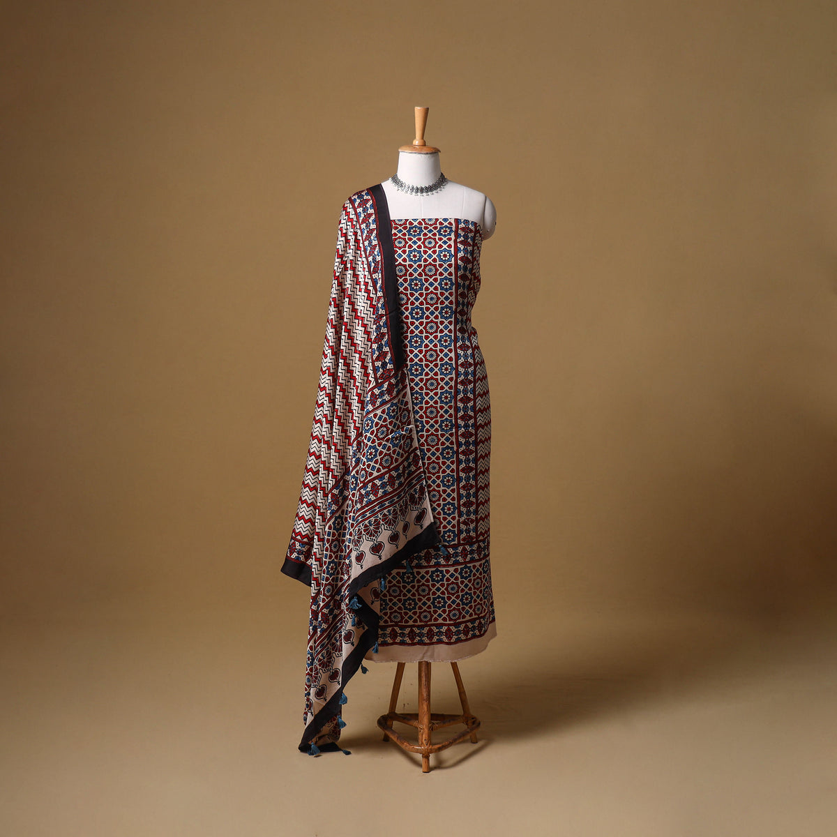 Ajrakh Hand Block Print Natural Dyed Modal Silk Unstitched Dress Material: Kurta with Dupatta 27