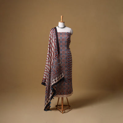 Ajrakh Hand Block Print Natural Dyed Modal Silk Unstitched Dress Material: Kurta with Dupatta 27