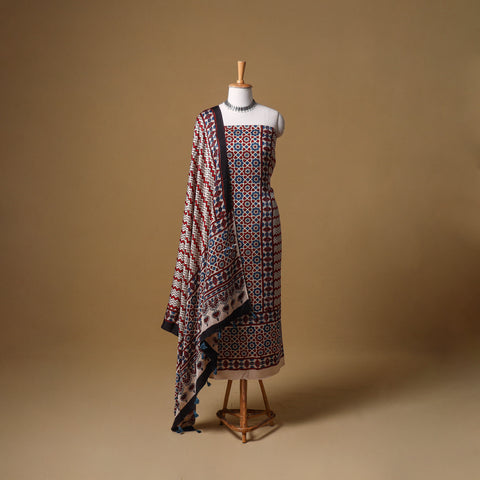 Ajrakh Hand Block Print Natural Dyed Modal Silk Unstitched Dress Material: Kurta with Dupatta 27