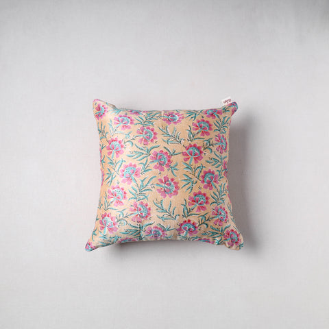 Sanganeri floral print chanderi silk cushion cover (16 x 16