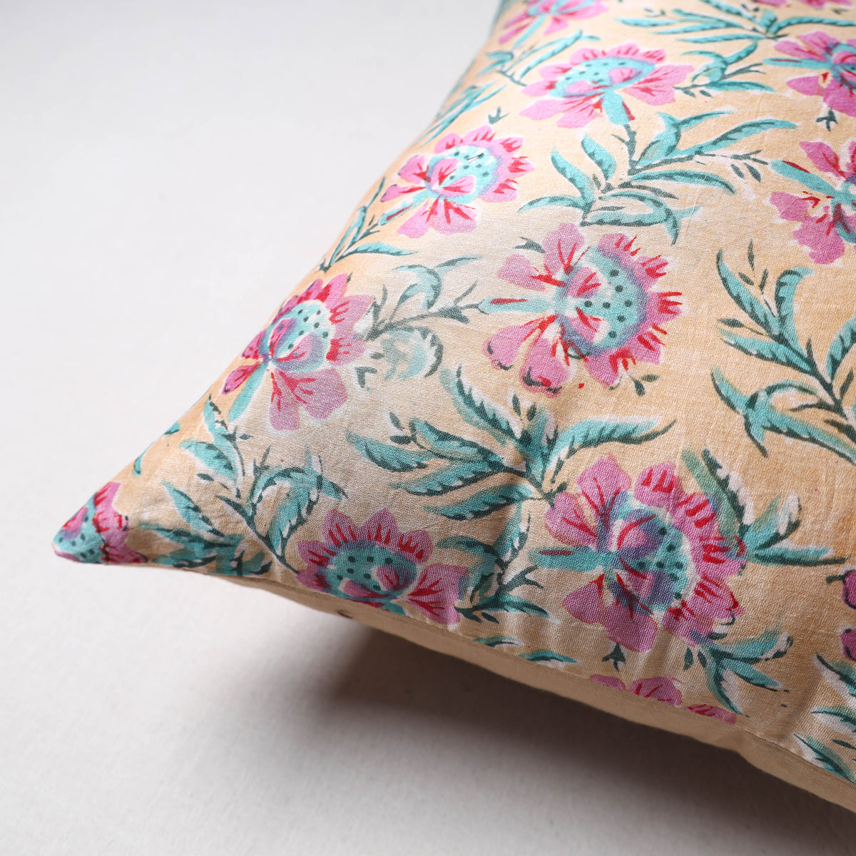 Sanganeri Floral Print Chanderi Silk Cushion Cover (16 x 16 in) 37