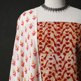Hand Block Batik Print Cotton 2pc Unstitched Dress Material Kurta Set with Earrings 06