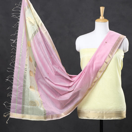 Beige - 2pc Maheshwari Silk Handloom Suit Material Set with Zari Border