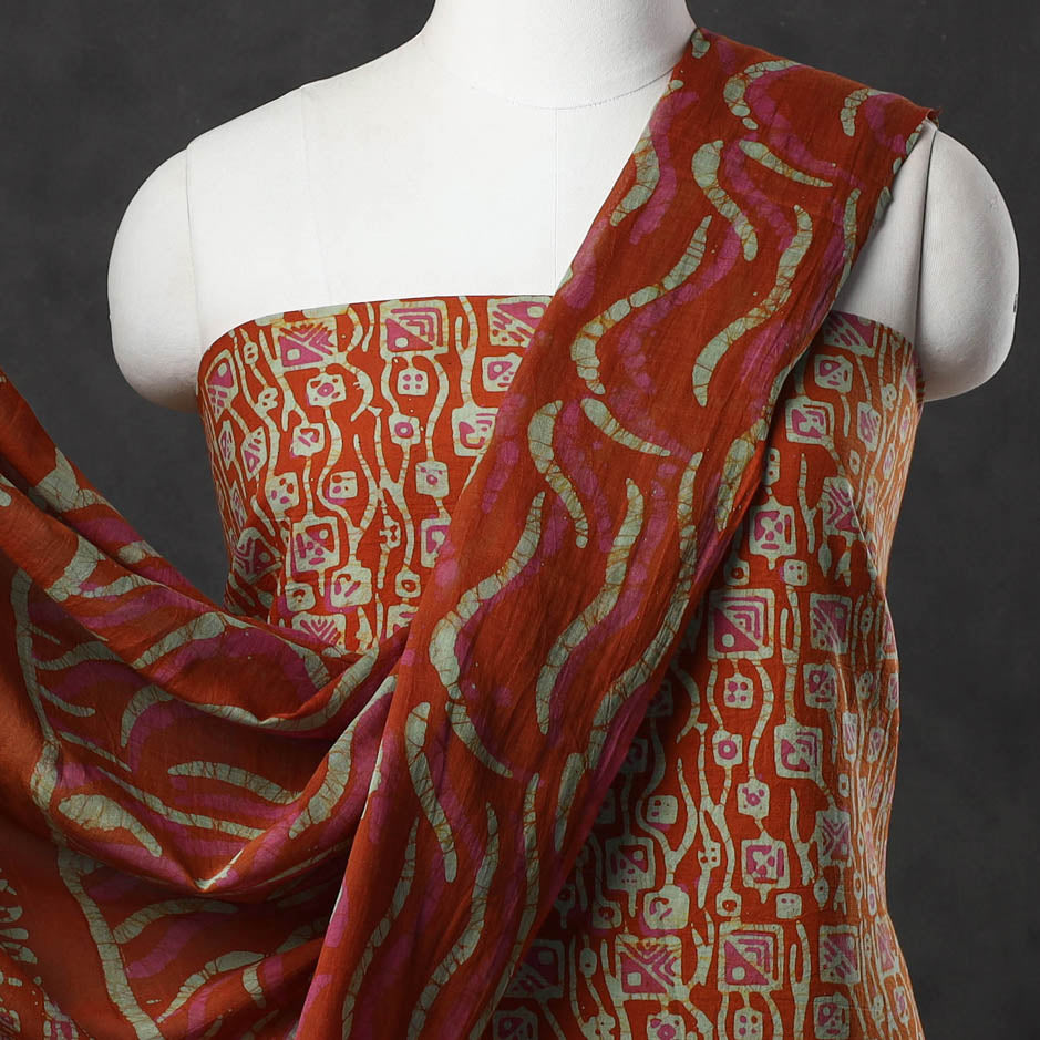 Orange - Kutch Print Cotton 3pc Batik Dress Material 22