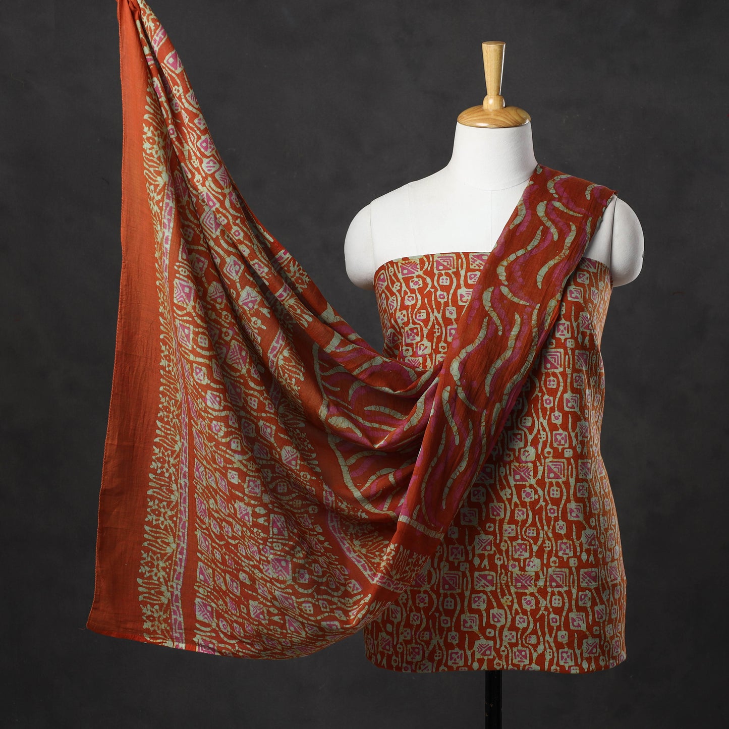 Orange - Kutch Print Cotton 3pc Batik Dress Material 22