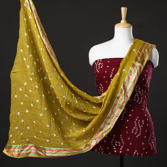 Maroon - 3pc Kutch Bandhani Tie-Dye Satin Cotton Suit Material Set