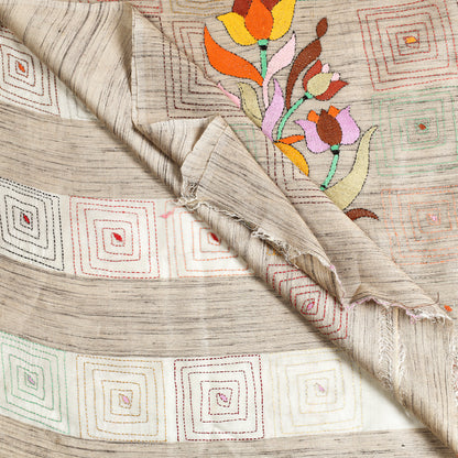 Beige - Bengal Kantha Hand Embroidery Pure Ghicha Silk Handloom Saree 25