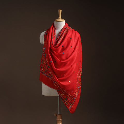 Red - Phulkari Hand Embroidered Wool Shawl 23