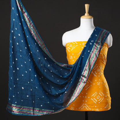 Yellow - 3pc Kutch Bandhani Tie-Dye Satin Cotton Suit Material Set